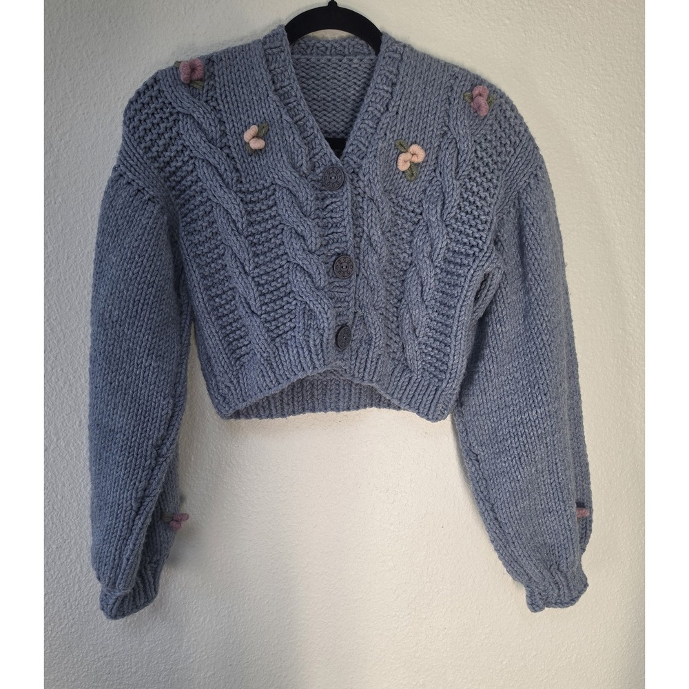 Myracle Handknitted Cardigan Women Blue Floral Long Sleeve V-Neck Romantic Wrap